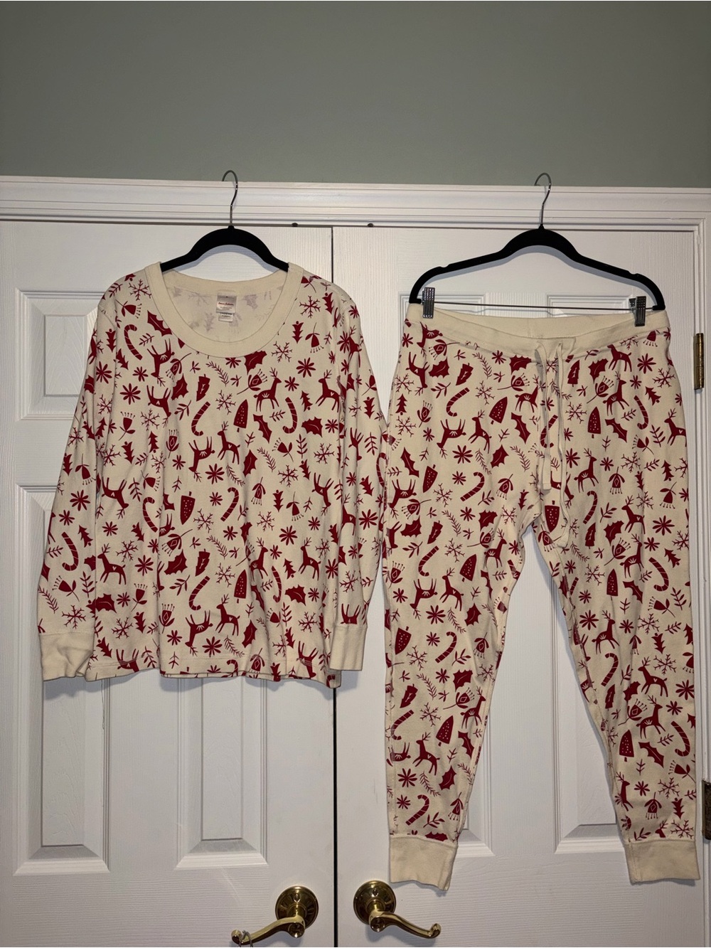 Hanna Andersson Organic Cotton Holiday Knit Pajama Set Ivory/Red Women XL